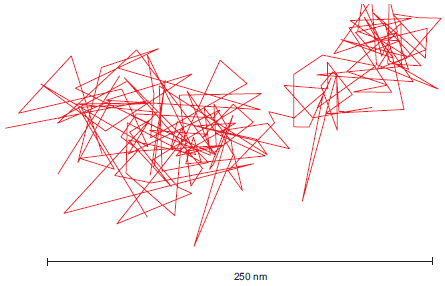 Single molecule trace of an NTA-Atto 647 labeled serotonin receptor in the plasma membrane of a HEK293 cell (scale bar is 250 nm). 104 frames were recorded for this single molecule.